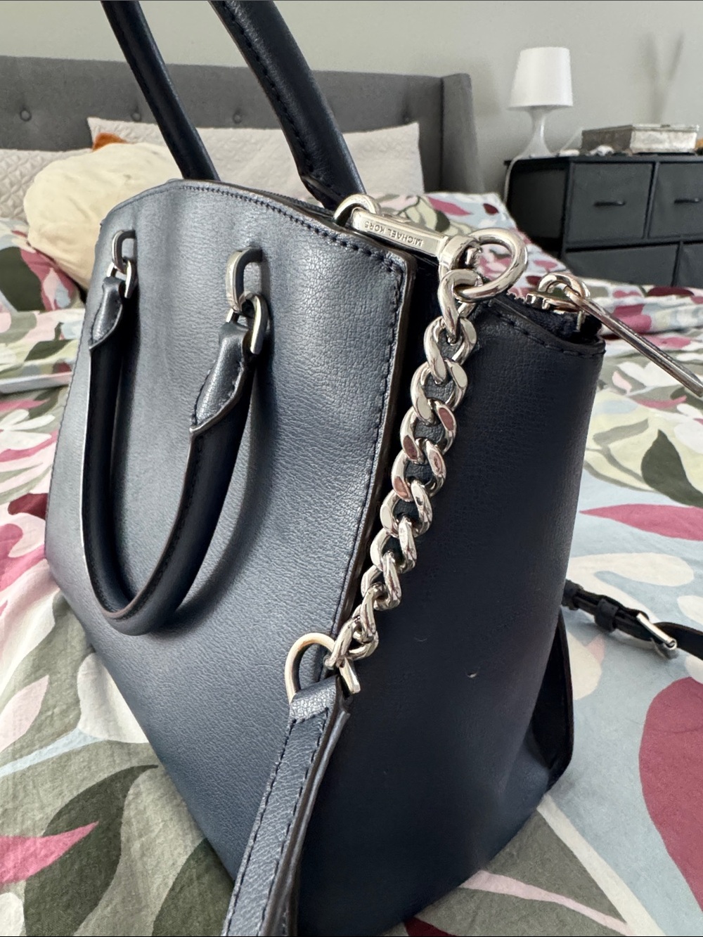 Michael Kors Navy Floral Applique Satchel with Gray and Tan Accents - Picture 2 of 7